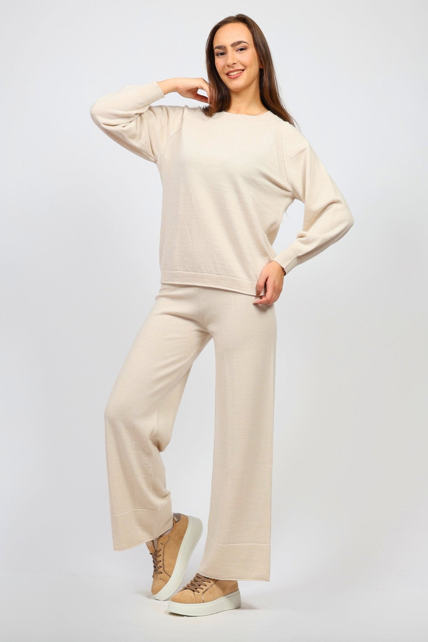 Дамски Плетен Комплект от 2 части, Бял Serianno Collection S Roberto Fashion Store Set SRX1511SETBEIWOLS S Бежов