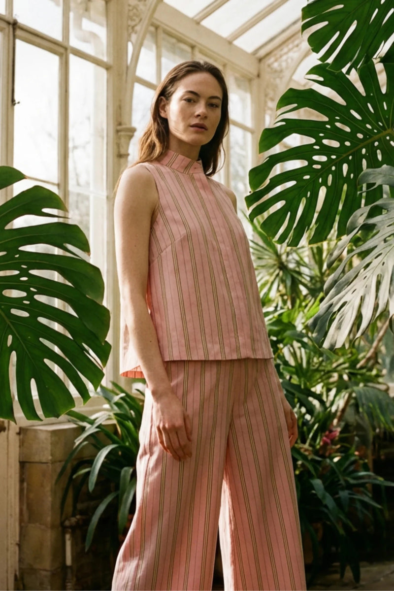 Дамски Сет "Daphne" – Розов памучен комплект от две части с райе и широк панталон