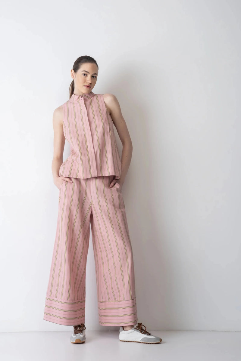 Дамски Сет "Daphne" – Розов памучен комплект от две части с райе и широк панталон