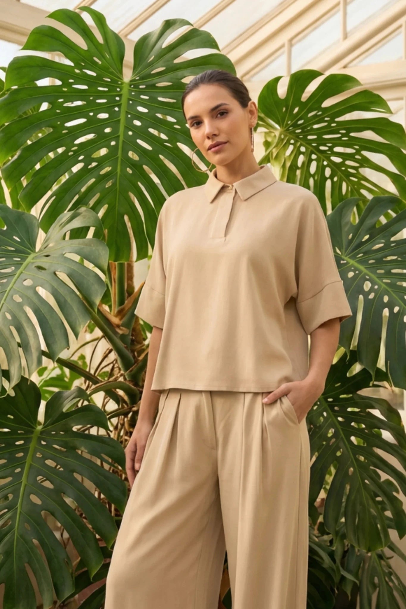 Дамски сет "Dita" – Бежов комплект от тенсел и лен с широк панталон Roberto&Co Roberto Fashion Store Set GR1204SETAA1025BEISM S/M