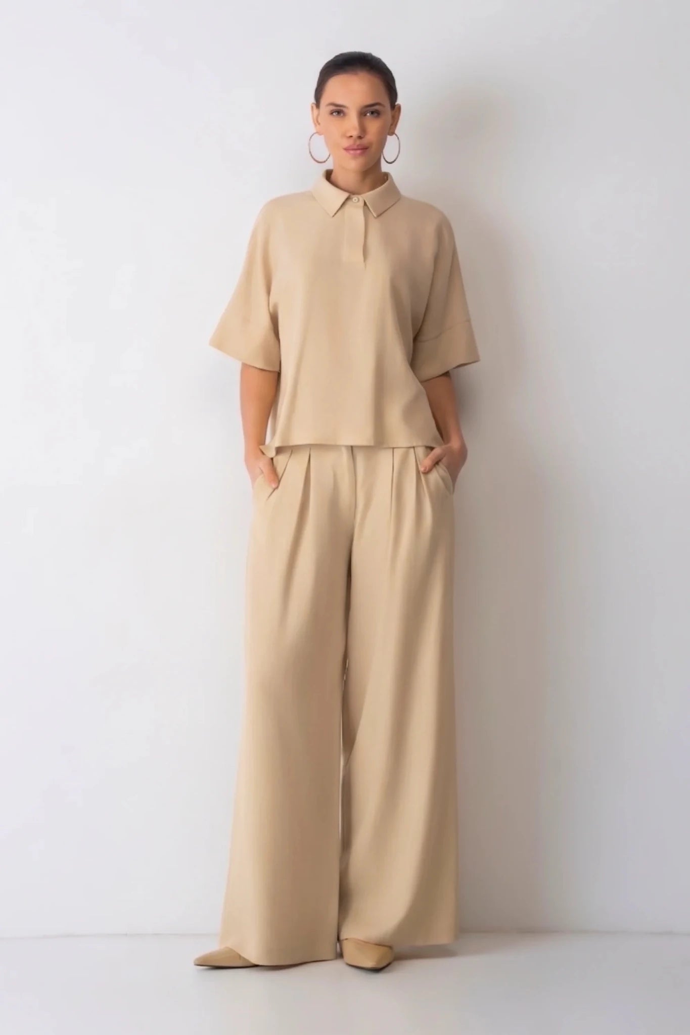 Дамски сет "Dita" – Бежов комплект от тенсел и лен с широк панталон Roberto&Co Roberto Fashion Store Set GR1204SETAA1025BEISM S/M