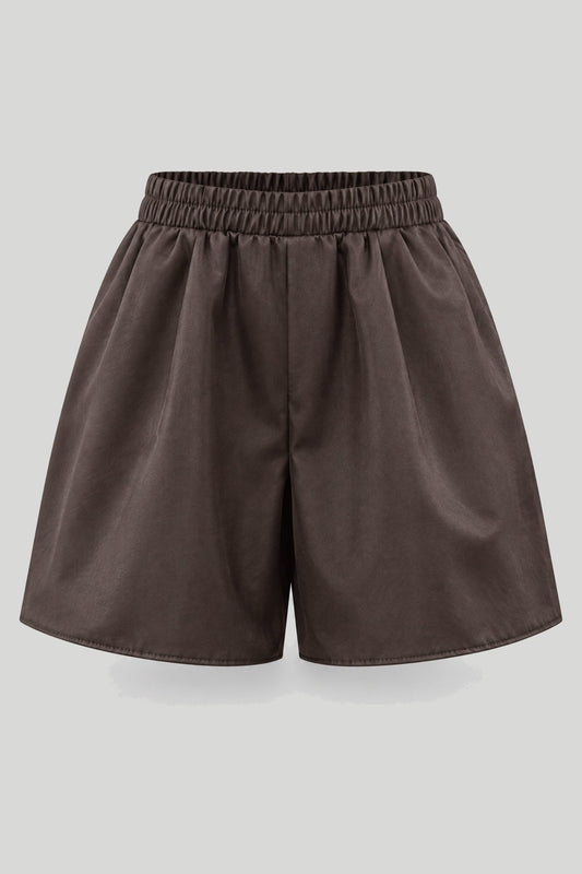 Women's shorts HONEY in brown with an elastic waist, made of polyester and elastane, sizes XS/S–M – снимка на продукта