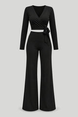 Conjunto deportivo-casual para mujer YOGA en negro – tela suave y elástica, blusa corta con mangas largas y pantalón largo, cómodo para el uso diario, tiempo libre y paseos