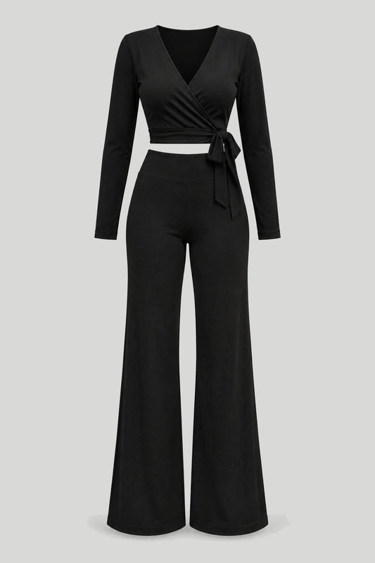 Conjunto deportivo-casual para mujer YOGA en negro – tela suave y elástica, blusa corta con mangas largas y pantalón largo, cómodo para el uso diario, tiempo libre y paseos – снимка на продукта