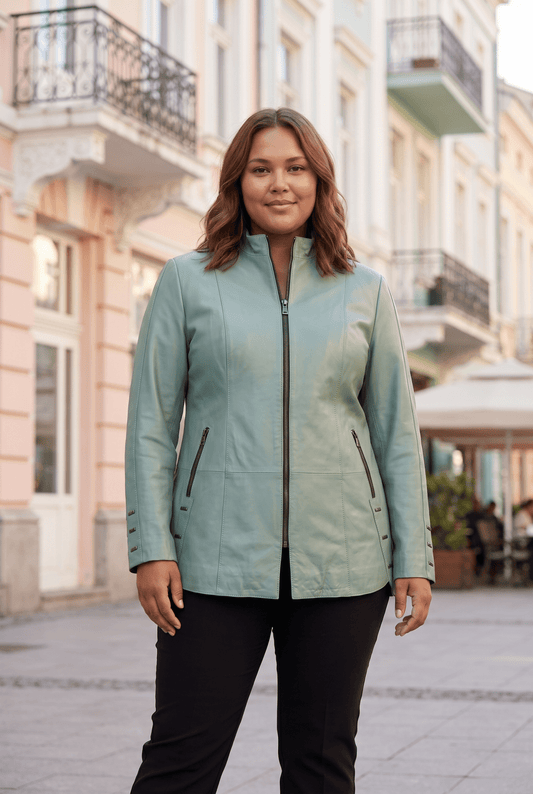 Damska długa kurtka skórzana „Primavera” z naturalnej skóry, w kolorze groszkowej zieleni, rozmiary plus size dla puszystych pań – облечен