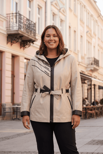 Дамско кожено яке Atina с колан от агнешка кожа, бежово – плюс сайз Roberto&Co Roberto Fashion Store Jacket LEA2511JCKBEIBL+4XL 2XL