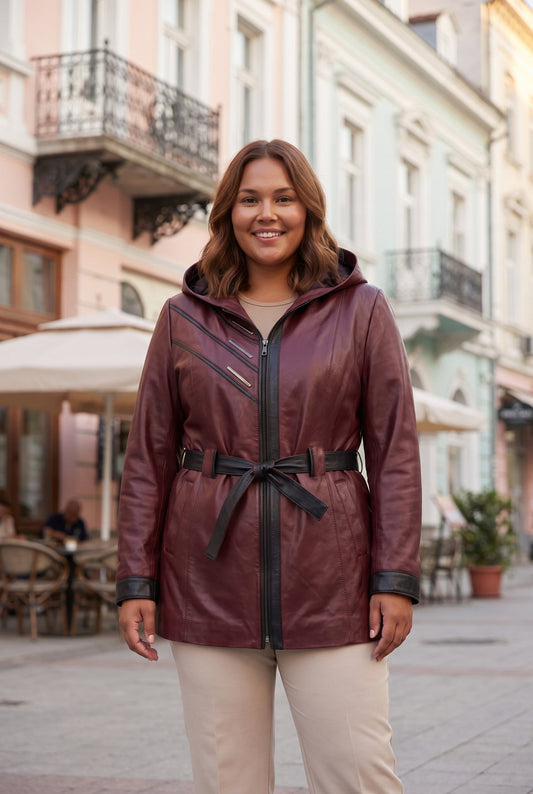 Women's Leather Jacket with Belt, Lambskin, Burgundy - Plus Size – облечен