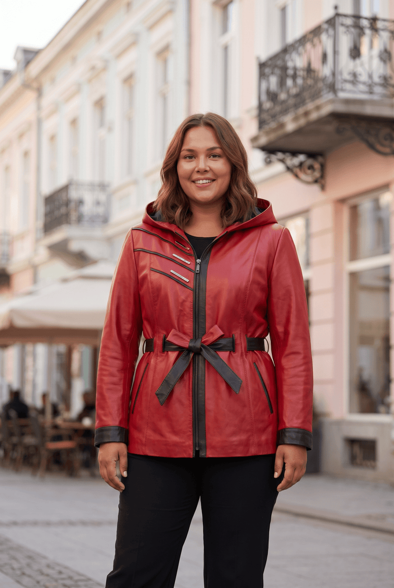 Žensku kožnu jaknu Atina s remenom od jagnjeće kože, crvena – plus size