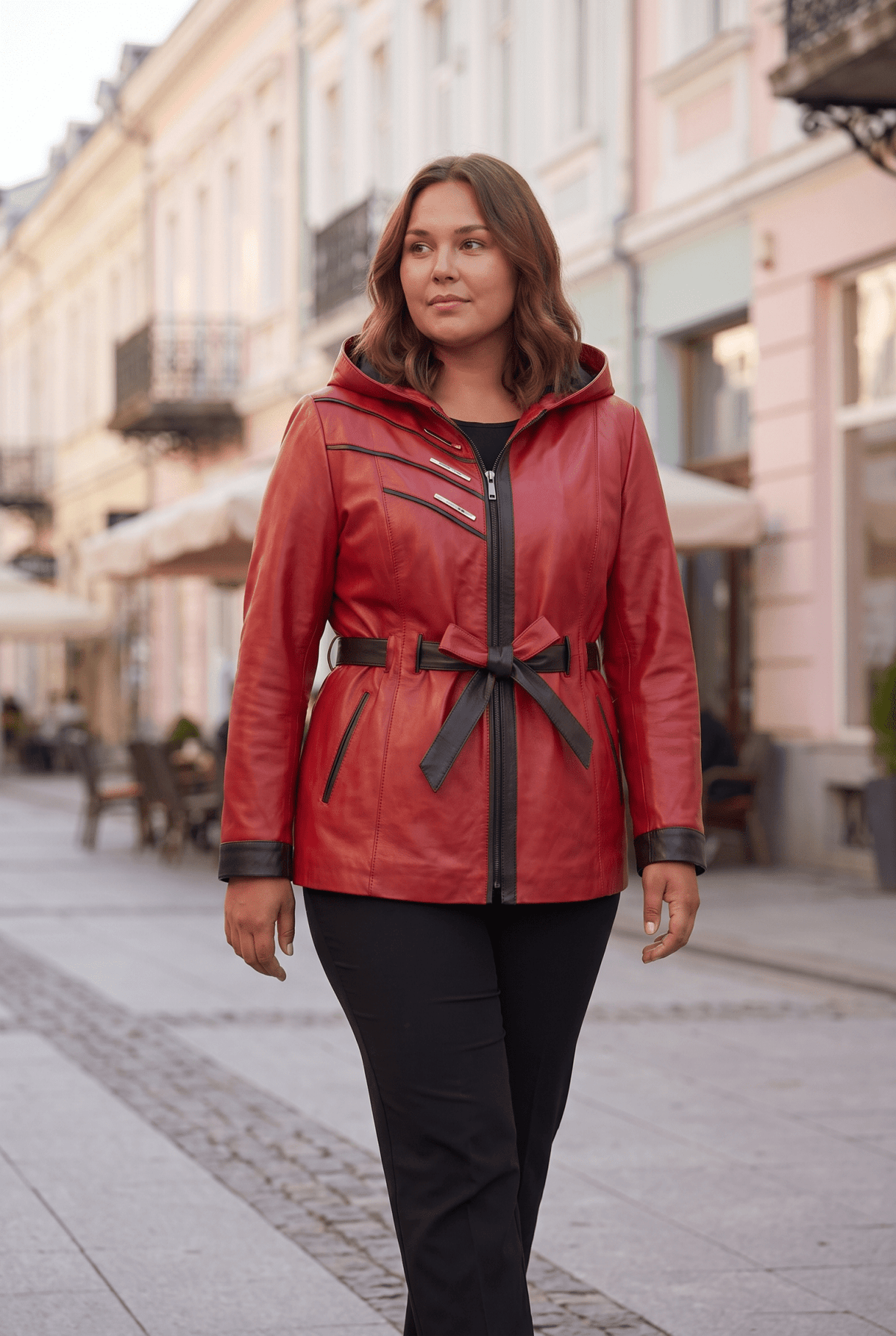 Дамско кожено яке Atina с колан от агнешка кожа, червено – плюс сайз Roberto&Co Roberto Fashion Store Jacket LEA2511JCKREDBL+4XL 2XL