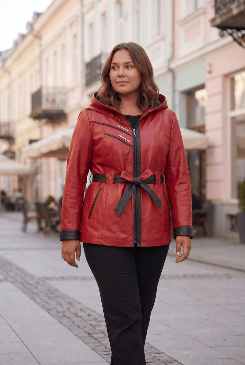Žensku kožnu jaknu Atina s remenom od jagnjeće kože, crvena – plus size