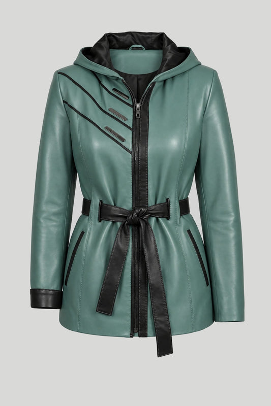 Damen-Lederjacke aus Lammleder mit Gürtel, Erbsengrün – Übergrößen – снимка на продукта