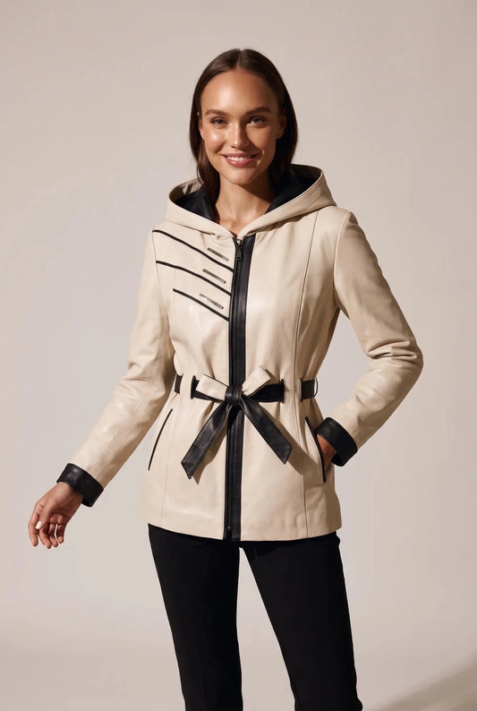 Women's leather jacket with a belt made of lambskin, cream – облечен