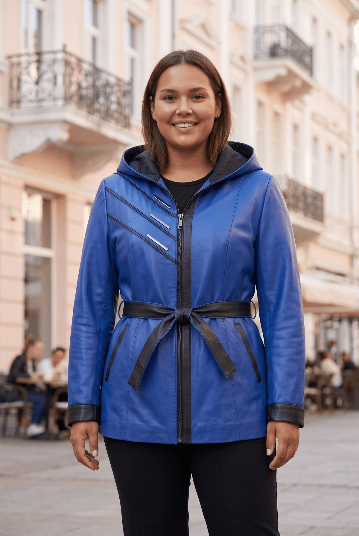 Дамско кожено яке Atina с колан от агнешка кожа, синьо – плюс сайз Roberto&Co Roberto Fashion Store Jacket LEA2511JCKBLUBL+4XL 2XL