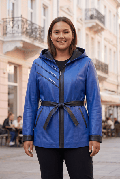 Дамско кожено яке Atina с колан от агнешка кожа, синьо – плюс сайз Roberto&Co Roberto Fashion Store Jacket LEA2511JCKBLUBL+4XL 2XL