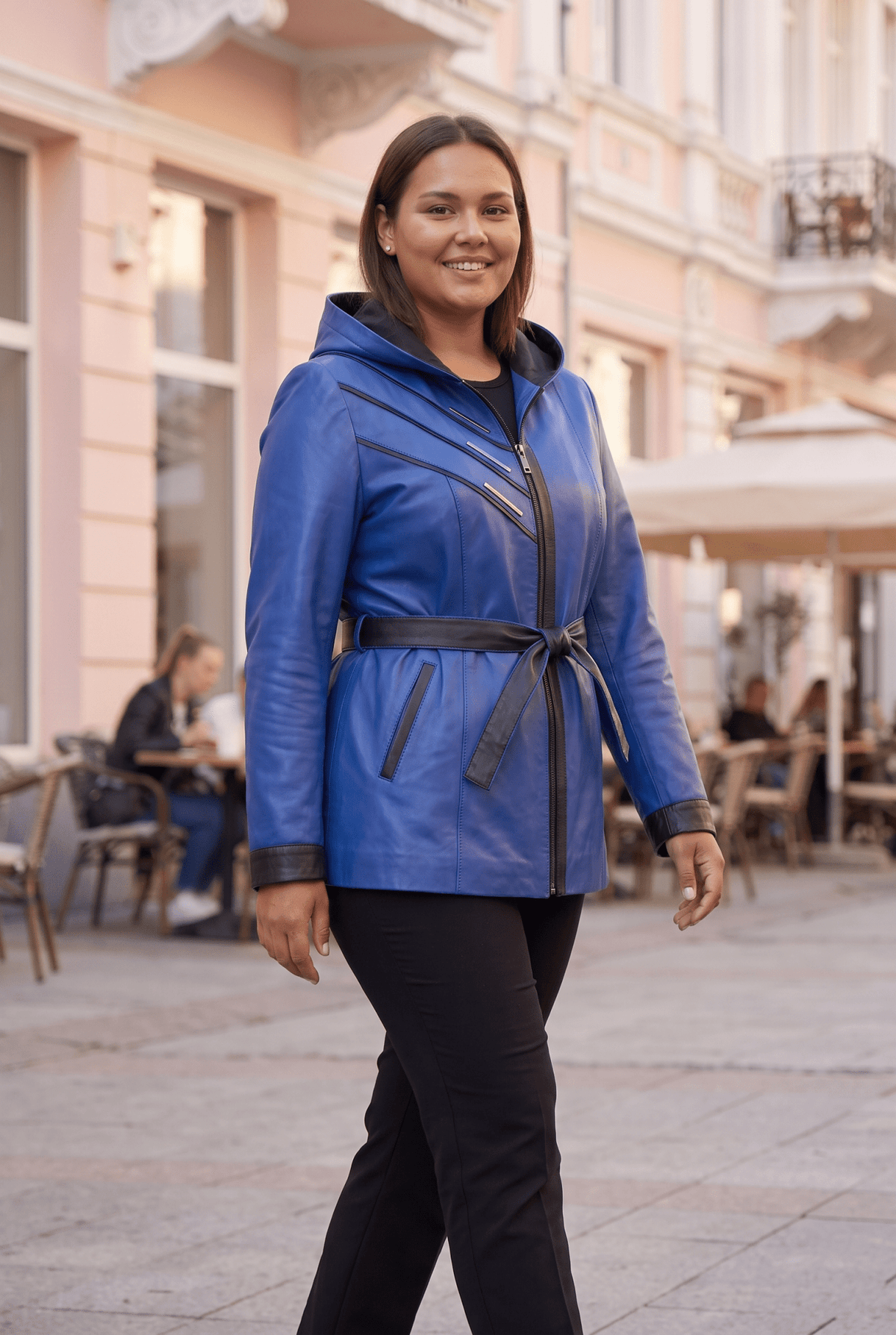 Дамско кожено яке Atina с колан от агнешка кожа, синьо – плюс сайз Roberto&Co Roberto Fashion Store Jacket LEA2511JCKBLUBL+4XL 2XL