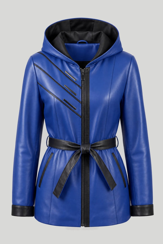 Women's Leather Jacket with Belt, Lambskin, Blue - Plus Sizes – снимка на продукта