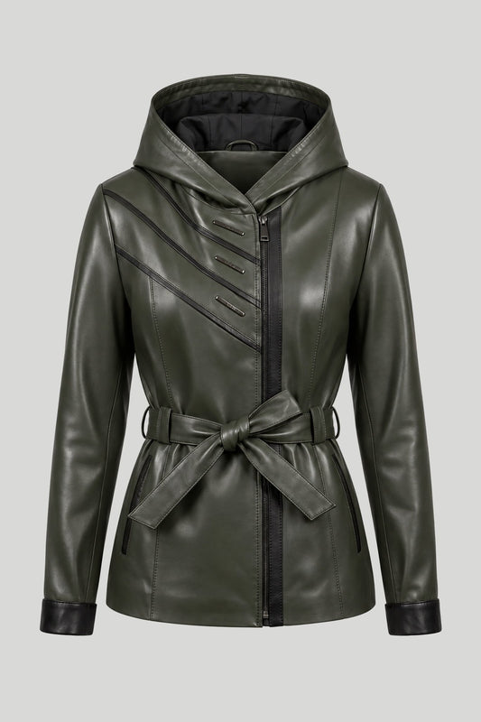 Women's Leather Jacket with Belt, Lambskin, Green - Plus Sizes – снимка на продукта