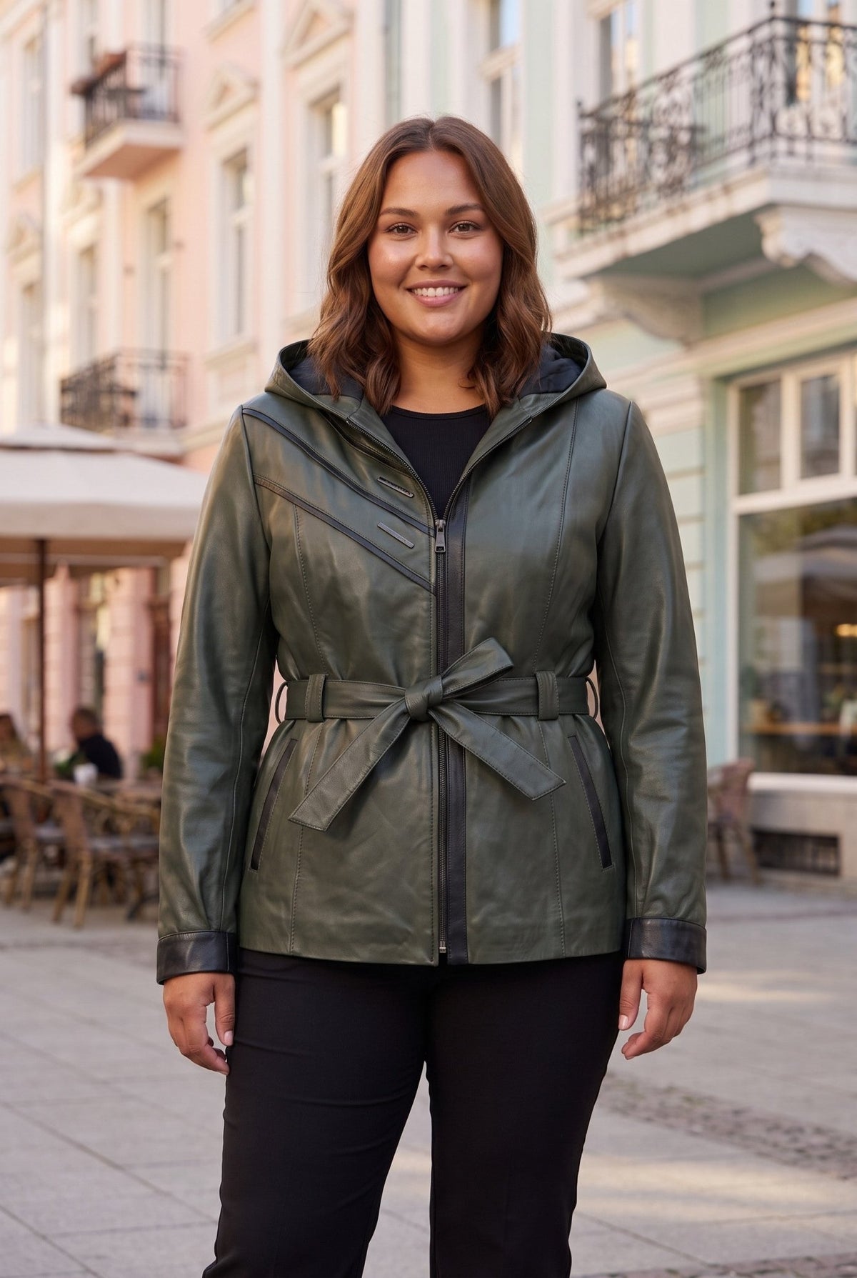 Дамско кожено яке Atina с колан от агнешка кожа, зелено – плюс сайз Roberto&Co Roberto Fashion Store Jacket LEA2511JCKGRNBL+4XL 2XL