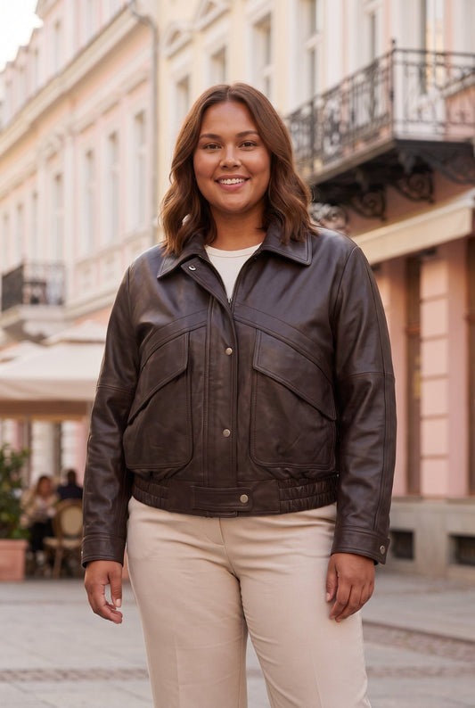 Damen-Leder-Bomberjacke in Übergrößen „Brava Plus“ aus echtem Nappa-Lammleder, dunkelbraun — Größen 3XL-7XL – облечен