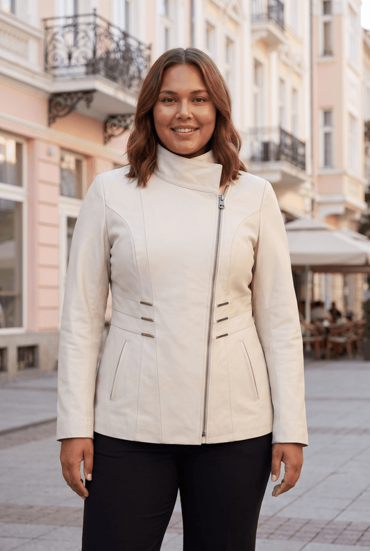 Damska kurtka skórzana „Camelia” z naturalnej skóry, krój biker, kolor beżowy, rozmiary plus size dla puszystych pań – облечен