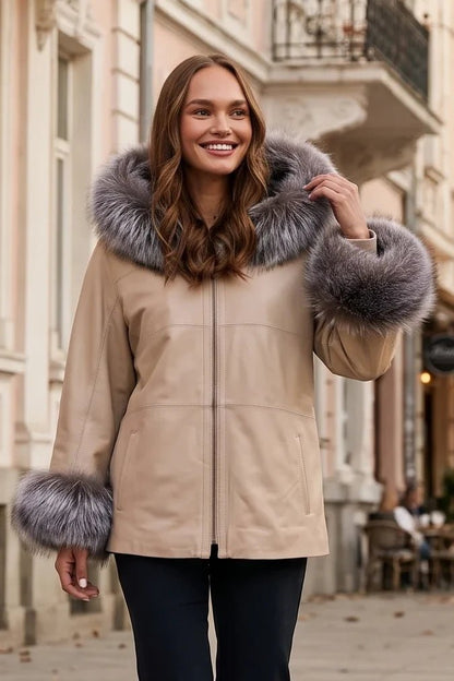 Дамско кожено яке Charmante, двулицево с качулка, бежово Roberto&Co Roberto Fashion Store Jacket LEA0101JCKBEIREV-M XS