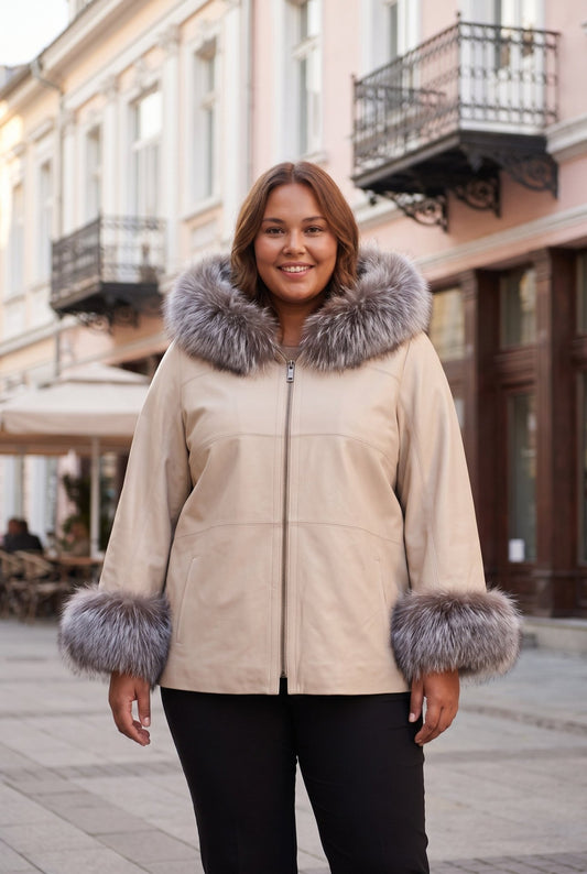 Charmante Women's Reversible Leather Jacket with Hood, Beige, Plus Size – облечен