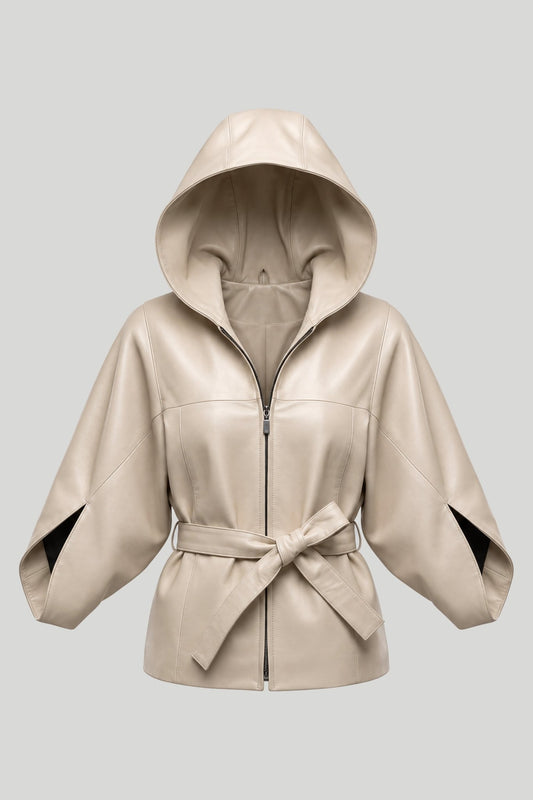 Women's leather jacket "Dita" with a hood made of 100% lambskin - Nappa – снимка на продукта