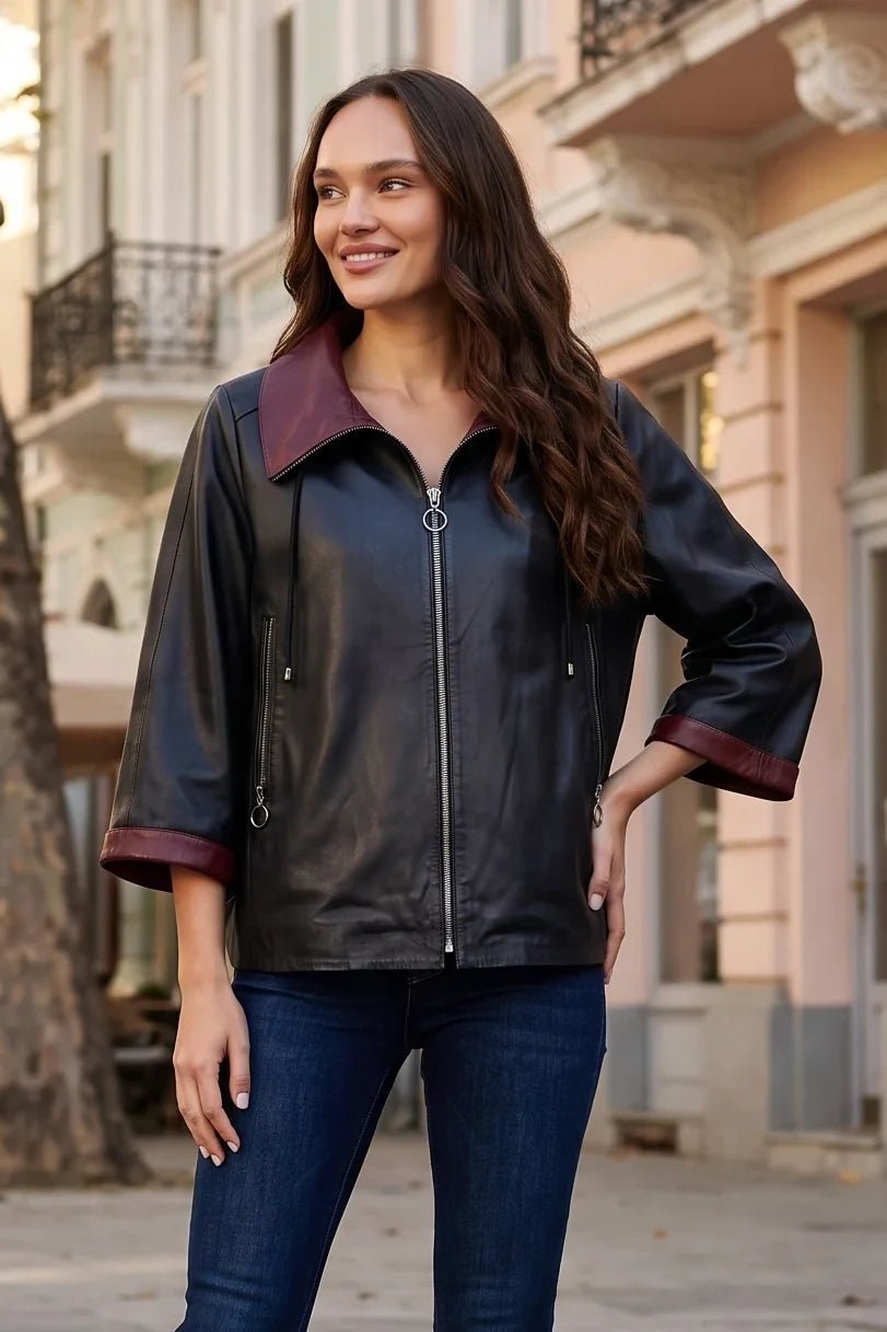 Дамско кожено яке Duomo, черно с червена яка Roberto&Co Roberto Fashion Store Jacket LEA0609JCKBLKOVS-M XS