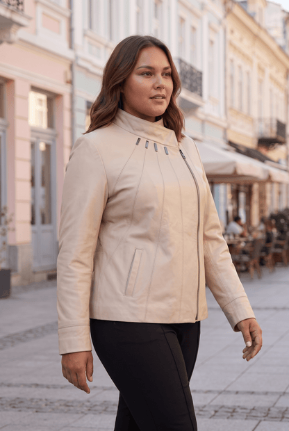 Дамско кожено яке Emerald, бежово, асиметрично закопчаване, плюс сайз Roberto&Co Roberto Fashion Store Jacket LEA0105JCKBEIAS+4XL 2XL