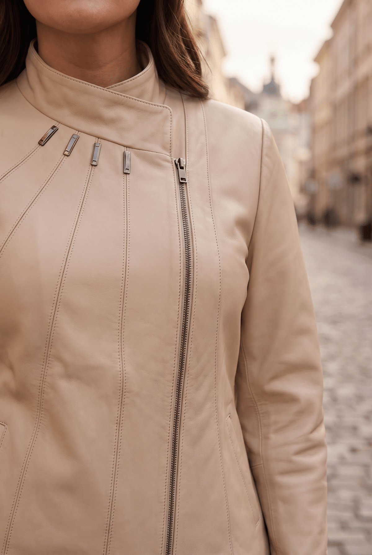 Дамско кожено яке Emerald, бежово, асиметрично закопчаване, плюс сайз Roberto&Co Roberto Fashion Store Jacket LEA0105JCKBEIAS+4XL 2XL