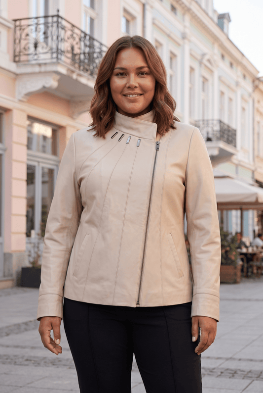 Damen-Lederjacke Emerald, beige, asymmetrischer Verschluss, Plus Size – облечен