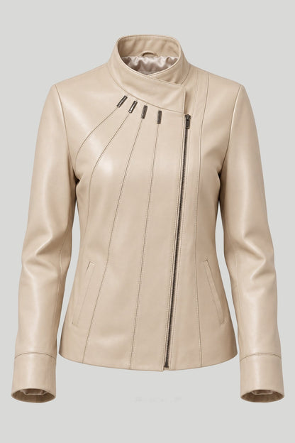 Дамско кожено яке Emerald, бежово, асиметрично закопчаване, плюс сайз Roberto&Co Roberto Fashion Store Jacket LEA0105JCKBEIAS+4XL 2XL