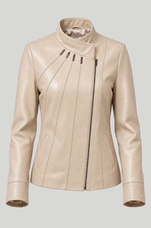 Damen-Lederjacke Emerald, beige, asymmetrischer Verschluss, Plus Size – снимка на продукта