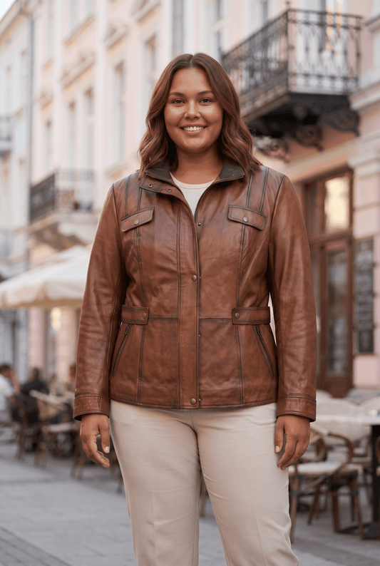 Women's leather jacket "Gentiane" made of genuine leather, safari style, brown, plus sizes for full-figured women – облечен