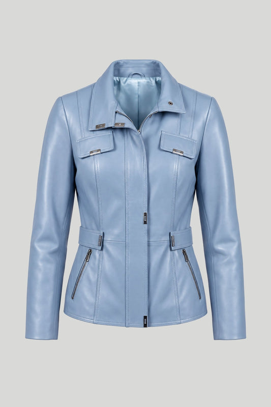 Women's leather jacket "Gentiane" made of genuine leather, safari style, sky blue, plus sizes – снимка на продукта