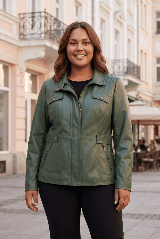 Damska kurtka skórzana „Gentiane” z naturalnej skóry, styl safari, w kolorze zielonym, rozmiary plus size dla puszystych pań – облечен
