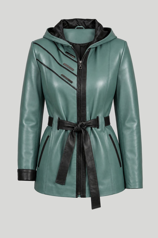 Damen-Lederjacke, Erbsengrün – снимка на продукта