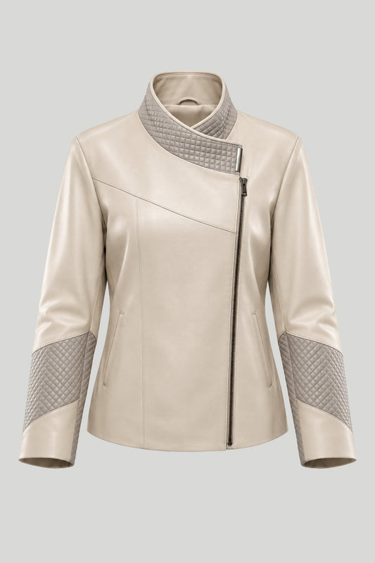 Damen-Lederjacke Magnolia, beige, asymmetrischer Verschluss, Plus Size – снимка на продукта