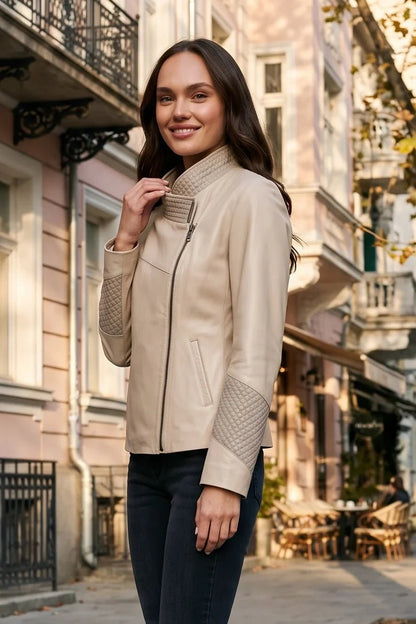 Дамско кожено яке Magnolia, бежово, с асиметрично закопчаване с цип Roberto&Co Roberto Fashion Store Jacket LEA0103JCKBEIASM-XS XS