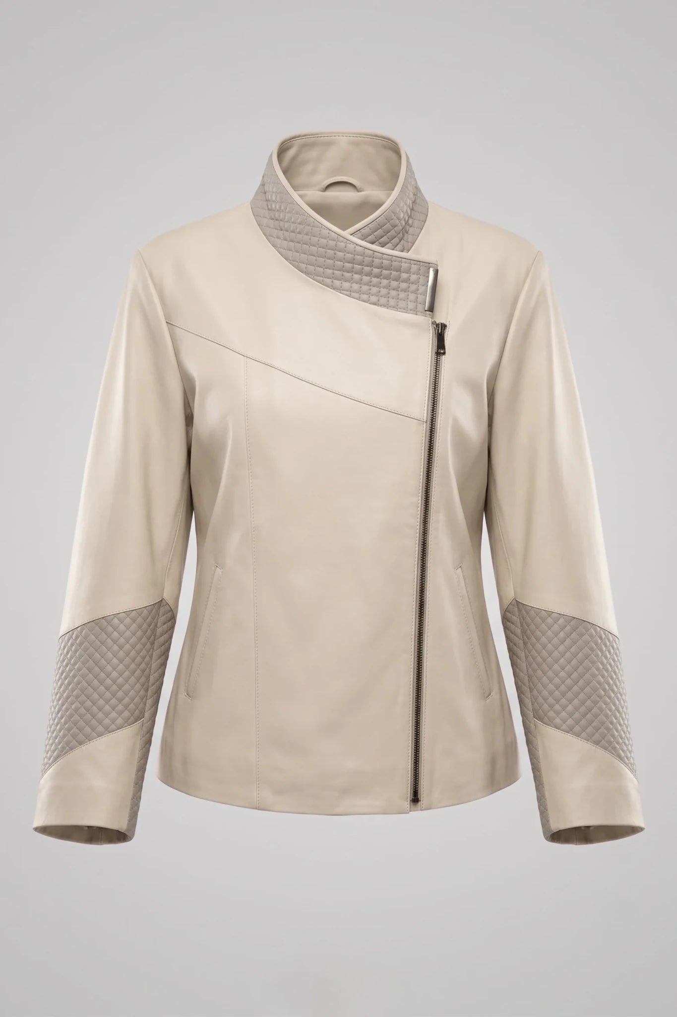 Дамско кожено яке Magnolia, бежово, с асиметрично закопчаване с цип Roberto&Co Roberto Fashion Store Jacket LEA0103JCKBEIASM-XS XS