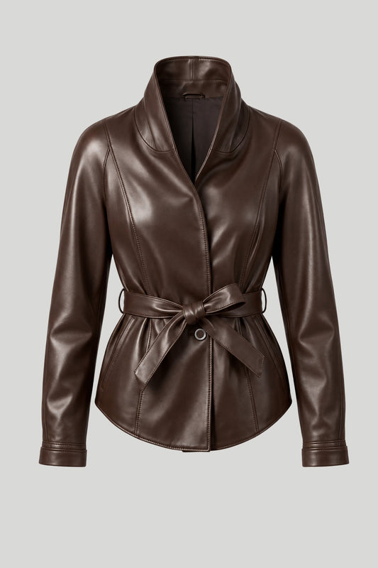Women's leather jacket "Belta" made of genuine Nappa lambskin, dark brown — with belt and stand-up collar, sizes XS-2XL – снимка на продукта