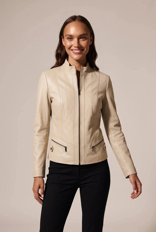 Women's Leather Jacket "Verona" - short, fitted, cream color, women's fall jackets – облечен