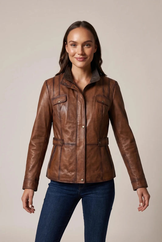 "Gentiane" women's genuine leather jacket - safari style, brown, women's jackets for autumn and spring – облечен