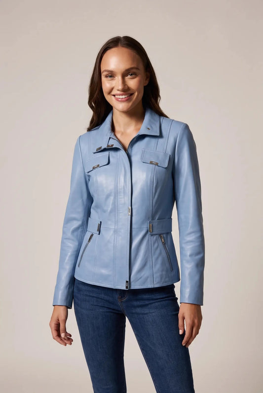 "Gentiane" women's genuine leather jacket - safari style, sky blue, women's jackets for autumn and spring – облечен