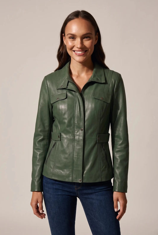 "Gentiane" women's genuine leather jacket - safari style, green, women's jackets for autumn and spring – облечен