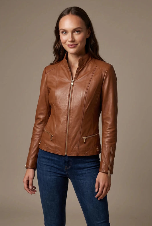 Women's Genuine Leather Jacket "Verona" - short blazer, coffee color with gold hardware, fitted cut, autumn-winter – облечен
