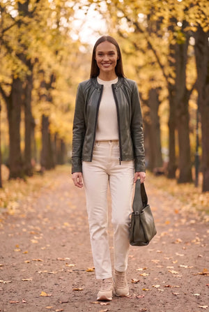Blouson cuir pour femme Palermo, vert, sans col