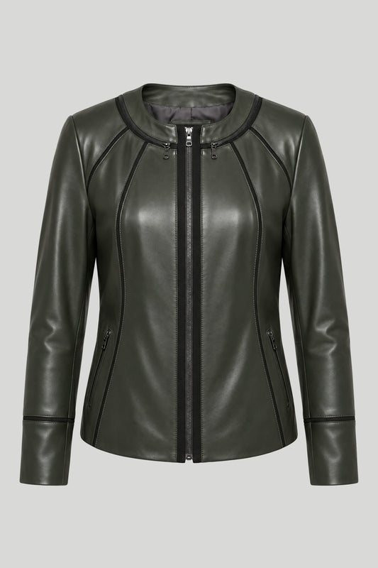 Damen-Lederjacke Palermo, grün, ohne Kragen, Plus Size – снимка на продукта