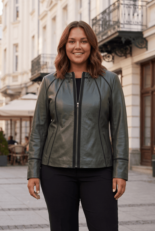 Damen-Lederjacke Palermo, grün, ohne Kragen, Plus Size – облечен