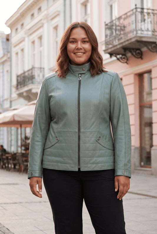 Damska kurtka skórzana „Parma” z naturalnej skóry, srebrne okucia, kolor groszkowozielony, rozmiary plus size dla puszystych pań – облечен